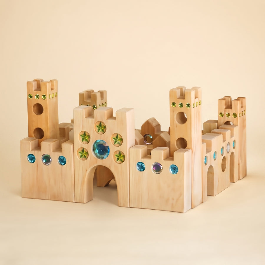 Bauspiel Large Fairytale Castle built from oiled alder towers, gates and walls set with blue and green gems