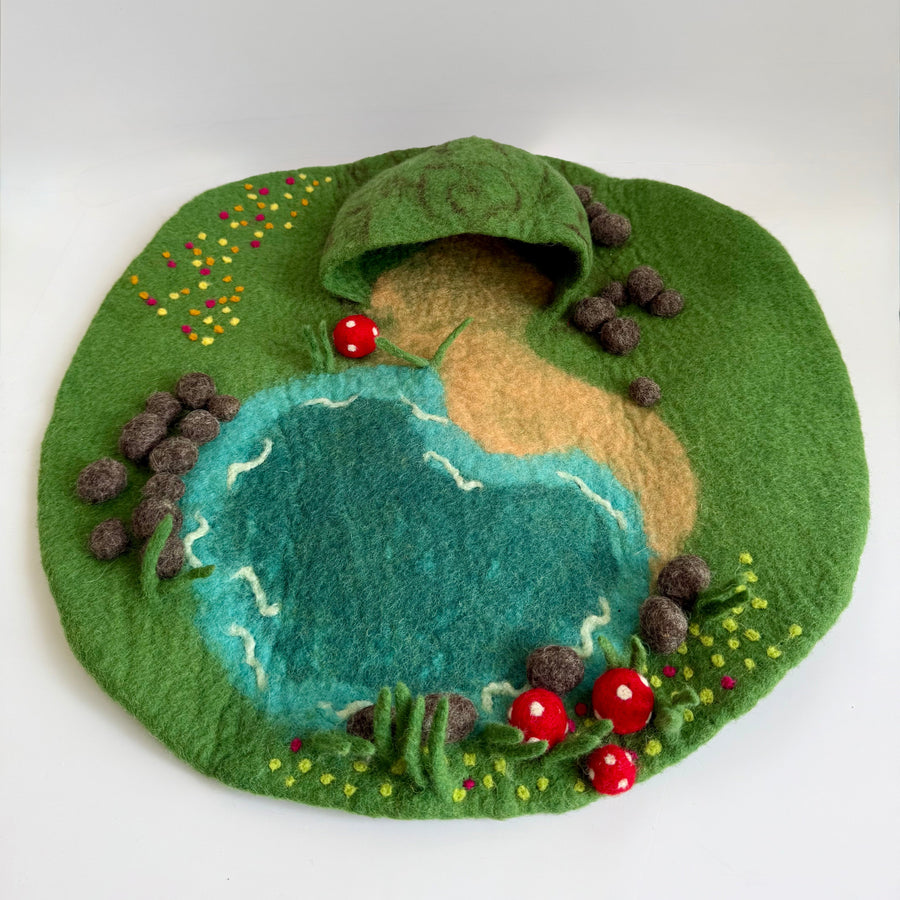 Fairy Pond felt play mat with hand-felted pond detailing