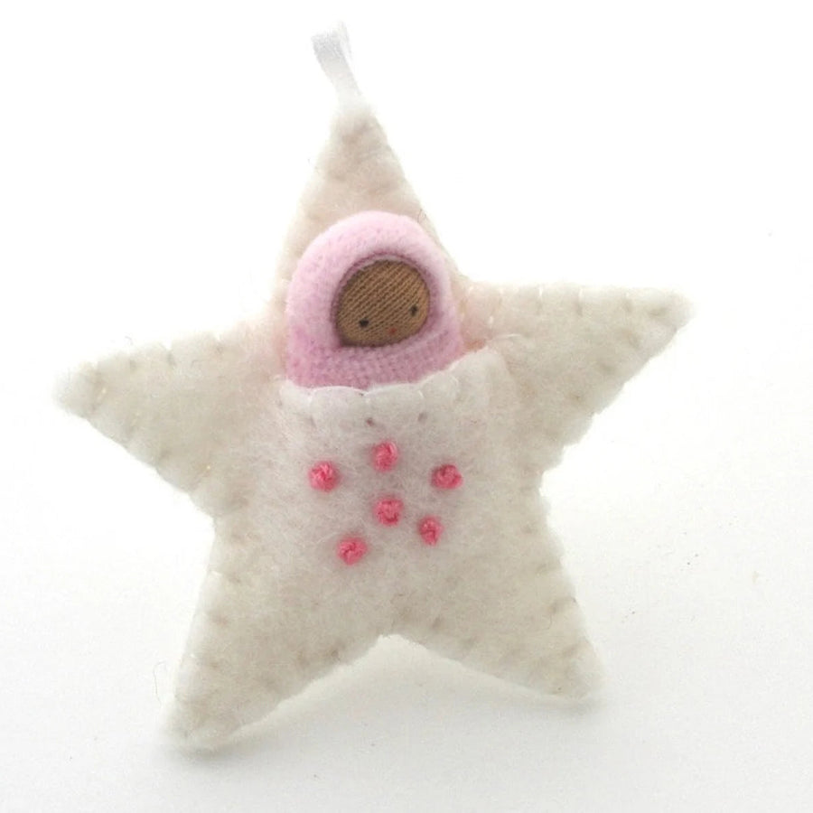 Fairyshadow White Embroidered Star Ornament, Pink Baby