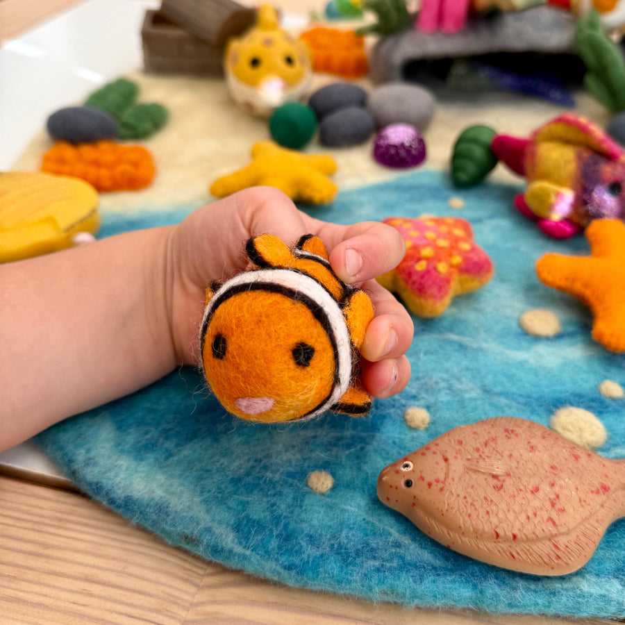Felt Clown Fish, handmade felt toy from Little Brood.