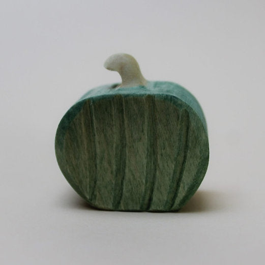 Juharka wooden green pumpkin with carved ribs and a pale stem, hand-painted in maple