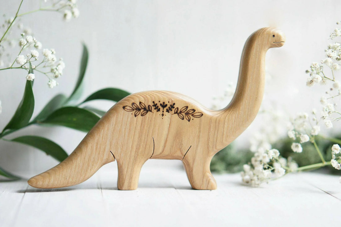 Wooden Brontosaurus, Papa, a natural wood animal toy by Tiny Fox Hole, cut and finished by hand from solid wood