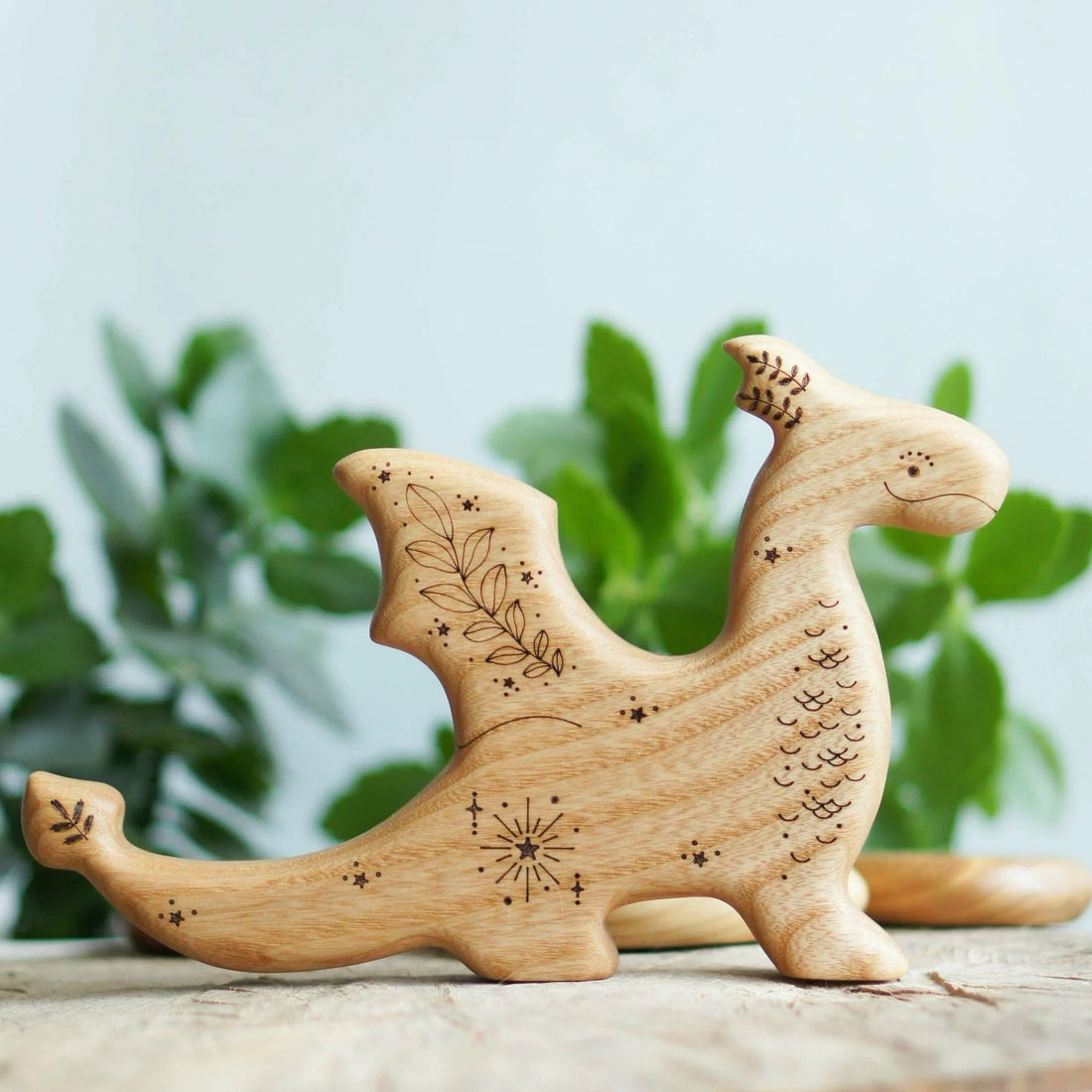 Wooden Dragon, a natural wood animal toy by Tiny Fox Hole, cut and finished by hand from solid wood