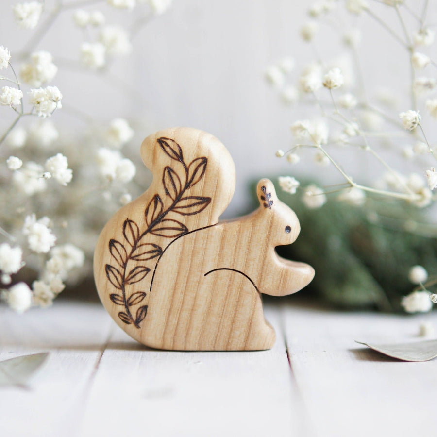 Wooden Squirrel with Leaves