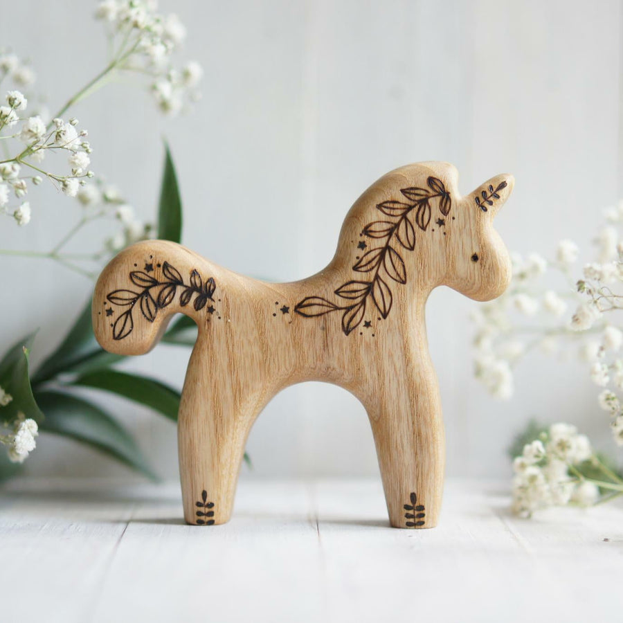 Wooden Unicorn Toy, Flower, a hand-carved wooden toy by Tiny Fox Hole.
