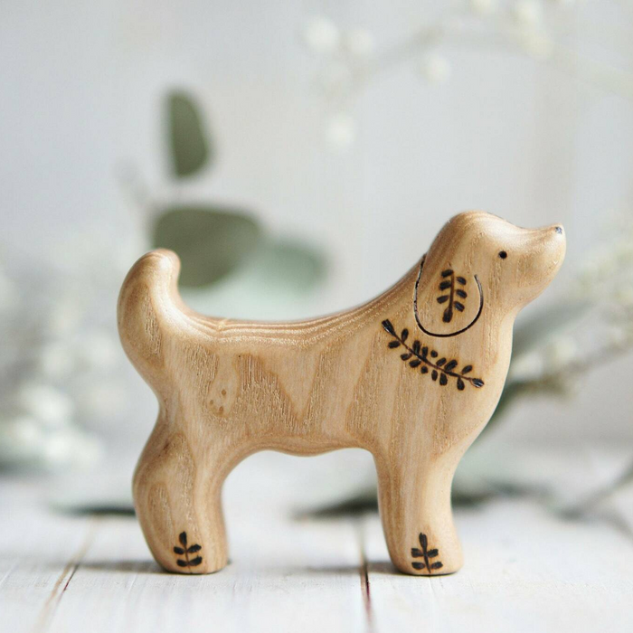 Wooden Dog, Papa, a natural wood animal toy by Tiny Fox Hole, cut and finished by hand from solid wood