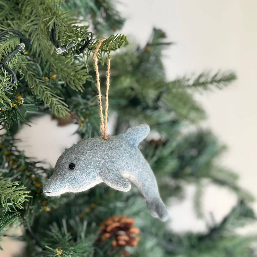 Felt Ornament - Dolphin, a wool felt ornament by Ganapati Crafts Co., needle-felted and hand-stitched in Nepal (view 3)