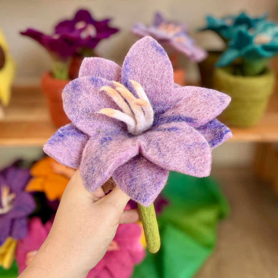 Felt Flower, Little Brood hand-felted wool felt flower, a trumpet-shaped bloom for felt gardens and sensory play.