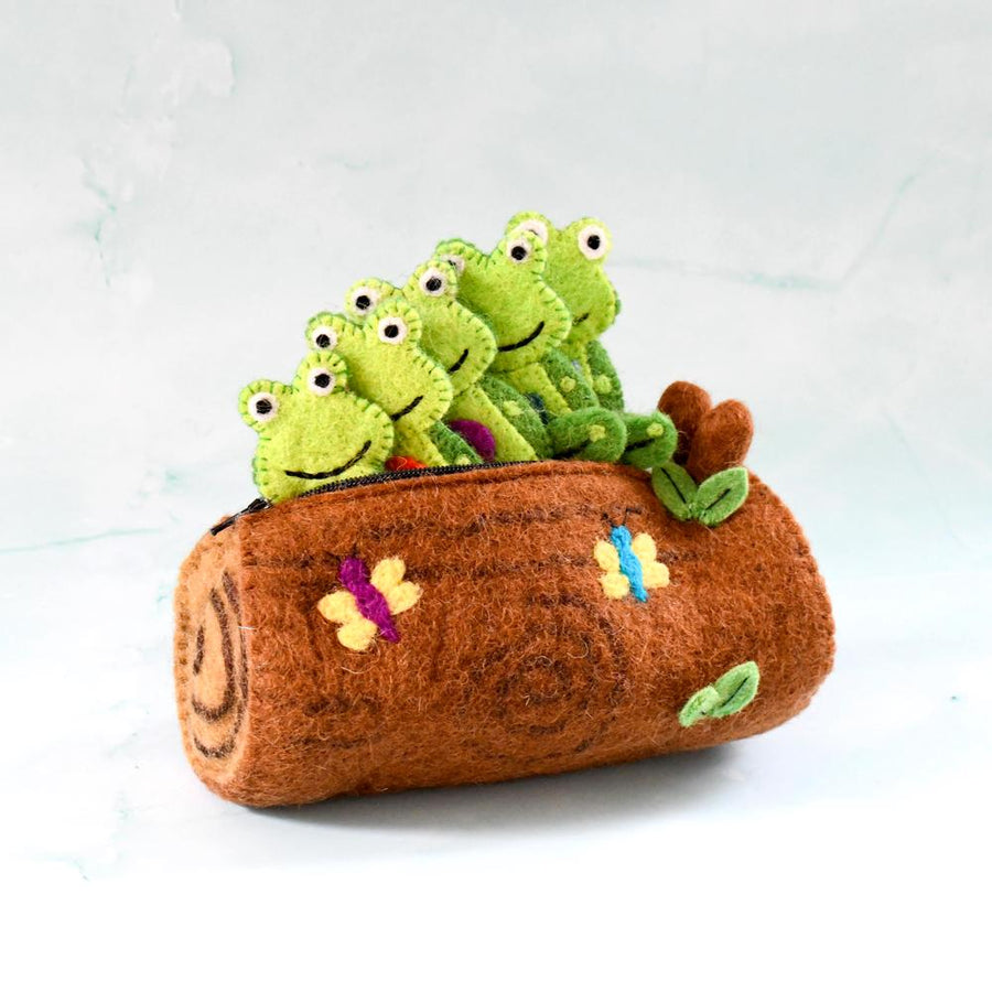 5 Little Speckled Frogs with Log Bag, Finger Puppet Set