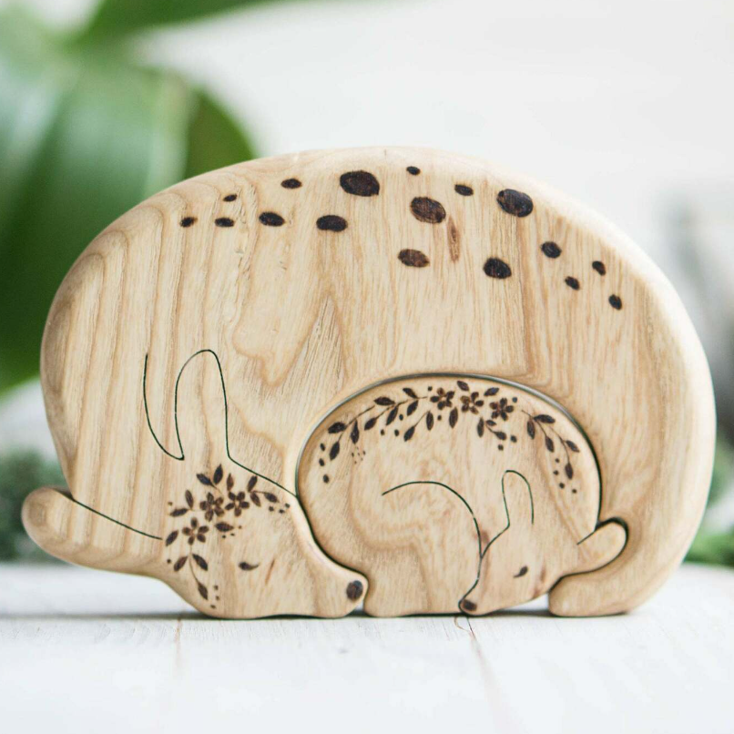 Wooden Deer Puzzle, a natural wood puzzle by Tiny Fox Hole, cut and finished by hand from solid wood