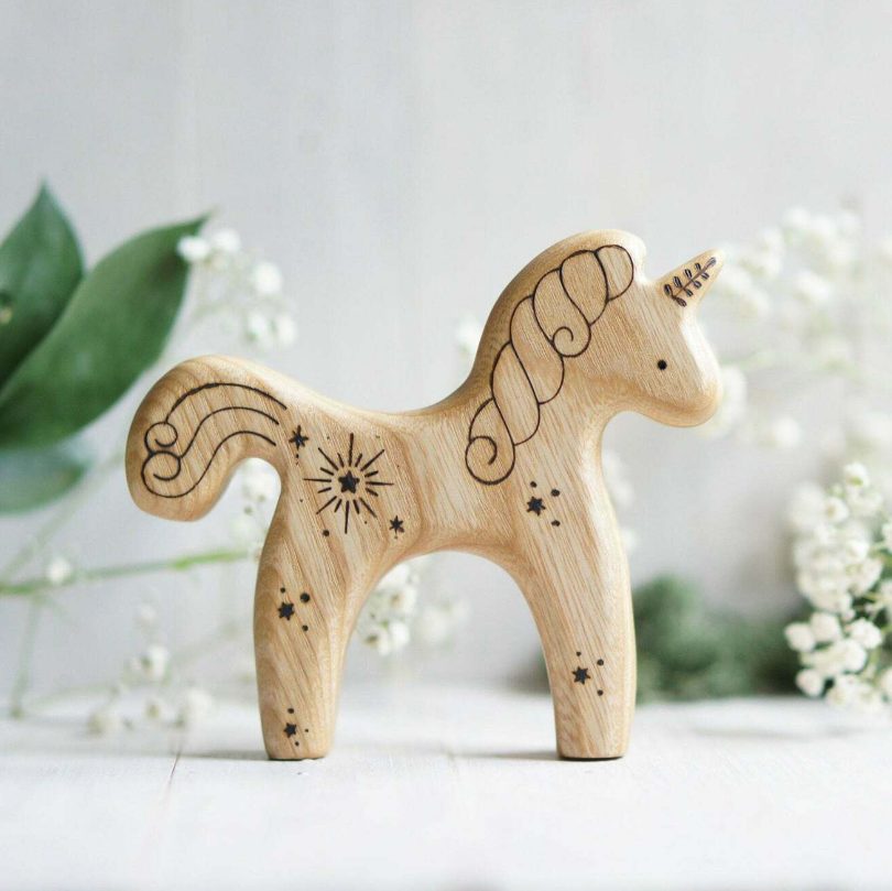 Wooden Unicorn Toy, Star, a hand-carved wooden toy by Tiny Fox Hole.