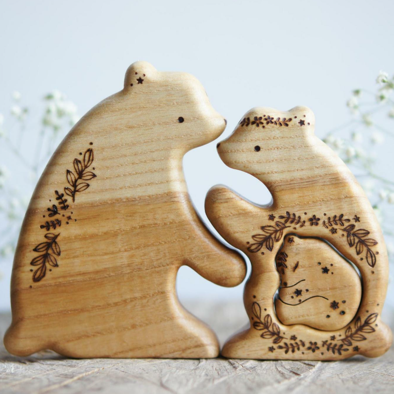 Hand-carved wooden bear family announcement puzzle, two grown bears and a baby, by Tiny Fox Hole