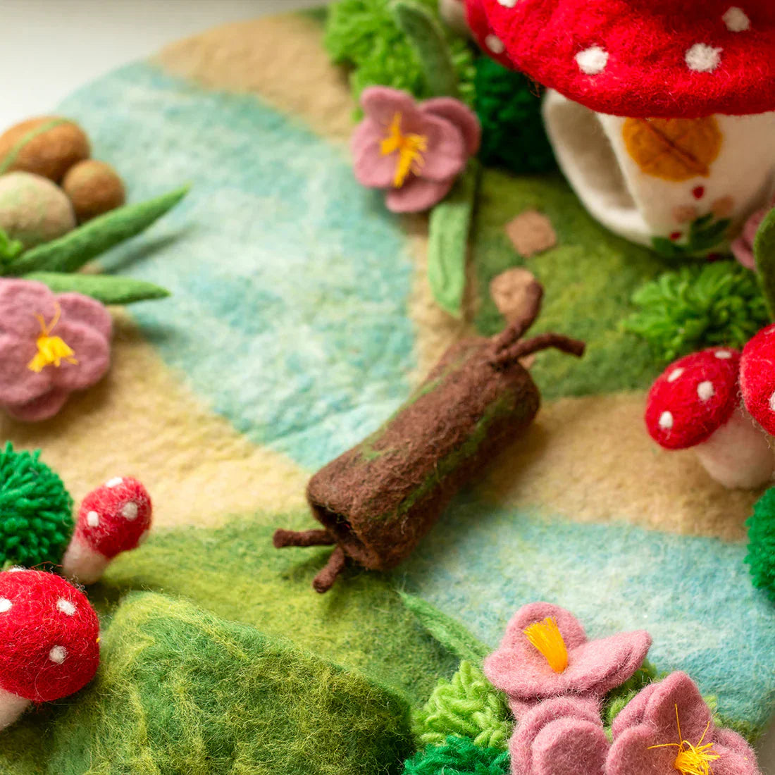 Gus + Mabel felt fairy scene with hand-felted toadstools and florals