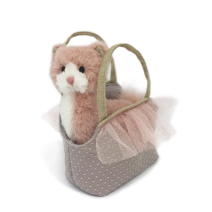 Mon Ami Callie kitty plush toy inside a satin purse