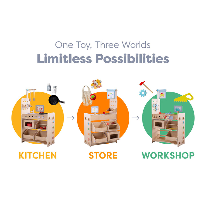 Creative Play 3 in 1 – Play Kitchen, Store &amp; Workshop