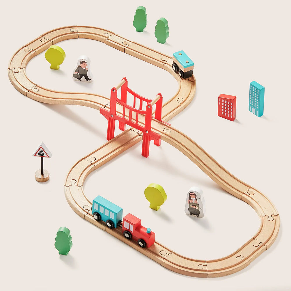 Tiny Land wooden train track set with trains, tracks, and signs