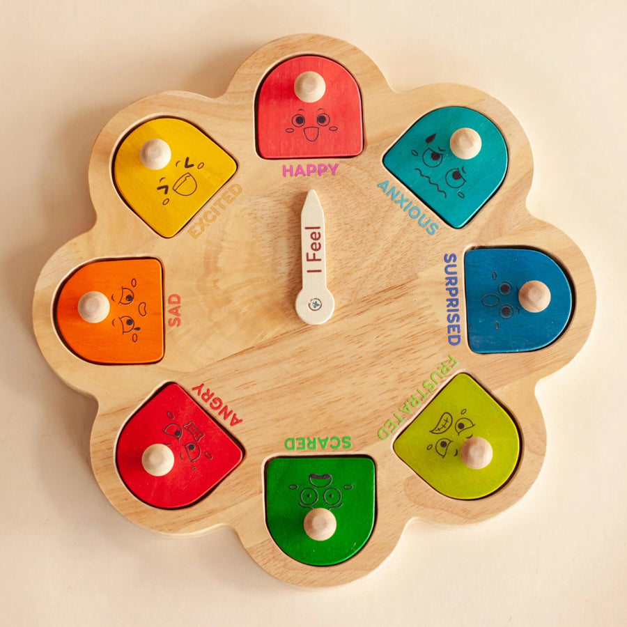 Q Toys Emotions Puzzle with Coping Strategies, flower-shaped rubberwood board with eight emotion petals and a turning arrow