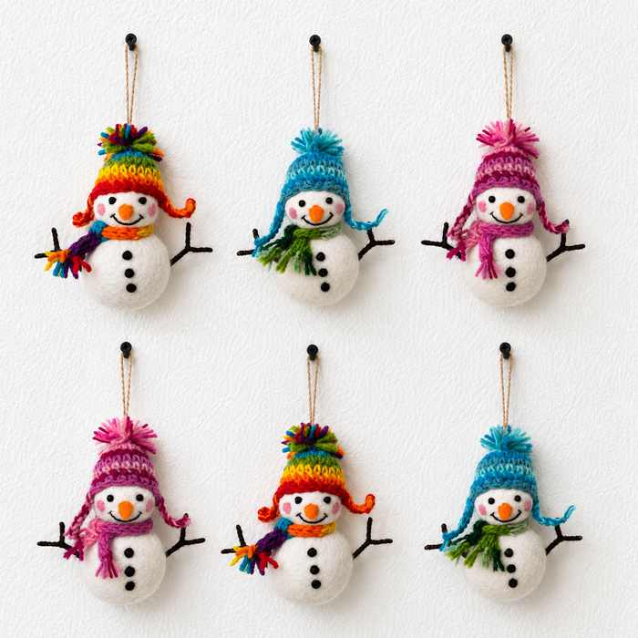 Handmade felt snowman ornament wearing a colorful woven hat