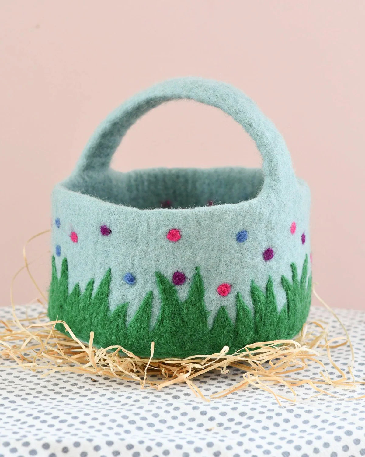 Felt Blue Basket with Colorful Dots