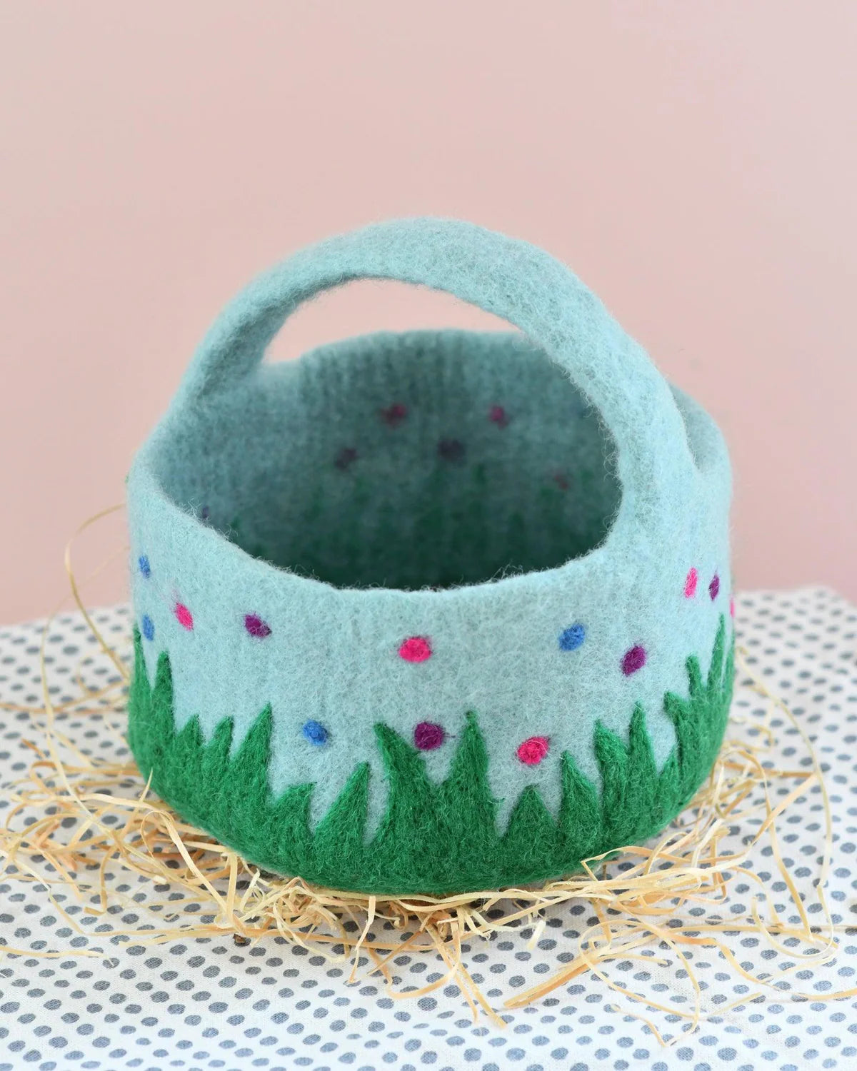 Felt Blue Basket with Colorful Dots