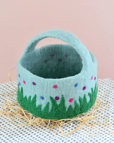 Felt Blue Basket with Colorful Dots