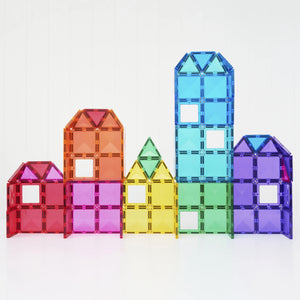 A row of houses built from Bright magnetic tiles, open squares as windows