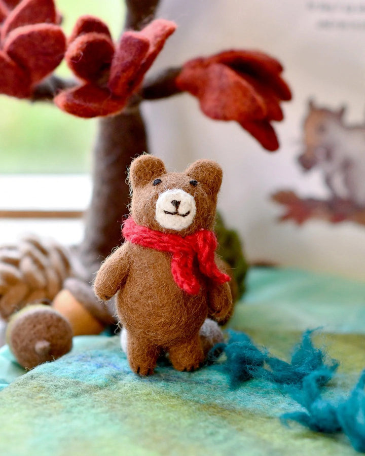 Felt Brown Bear with Red Scarf Toy