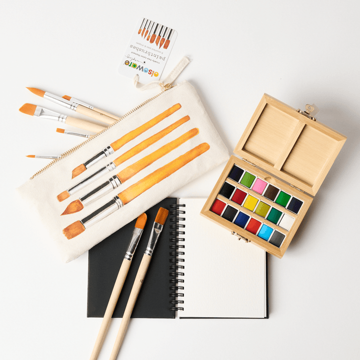 Watercolor Travel Set | Bamboo Case, Brushes, &amp; Paper Pad