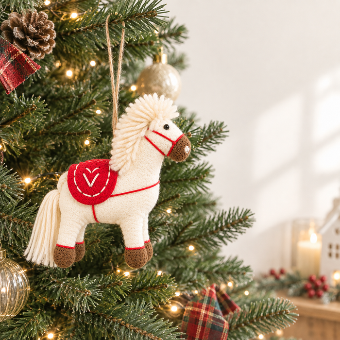 Handmade white felt Christmas pony ornament