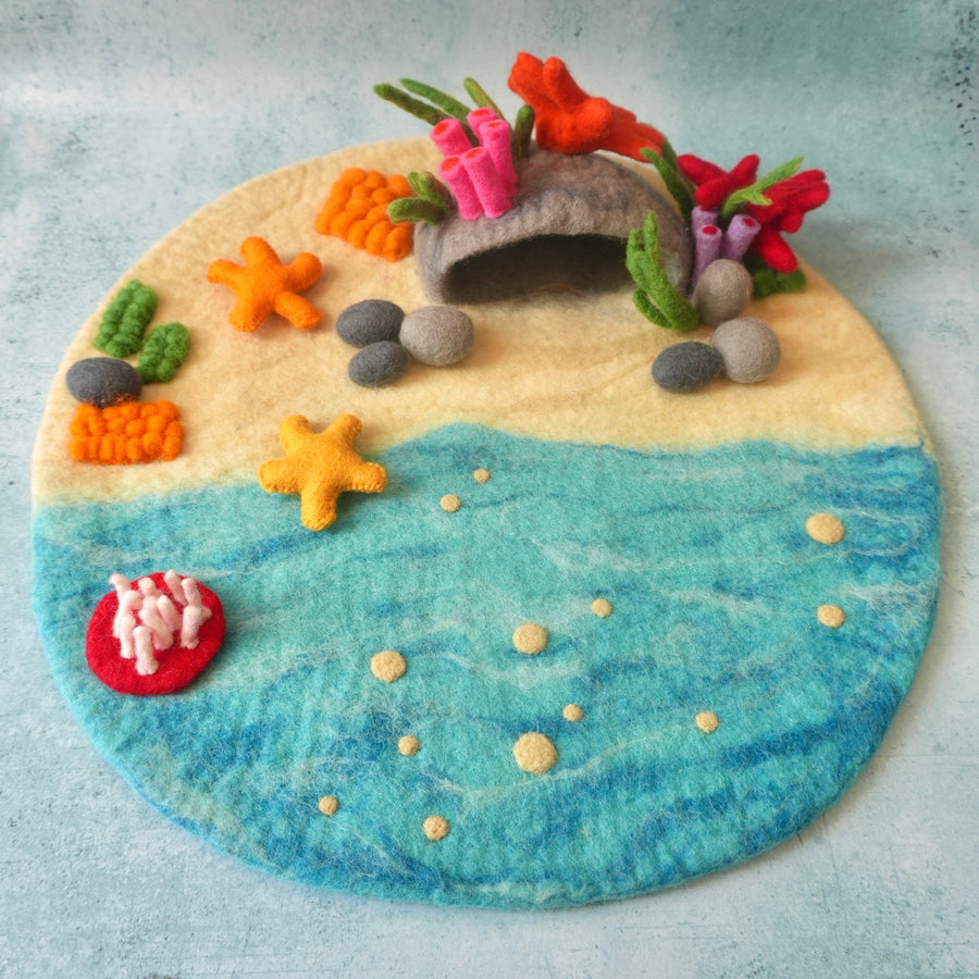Coral Cave felt play mat with hand-felted coral reef detailing