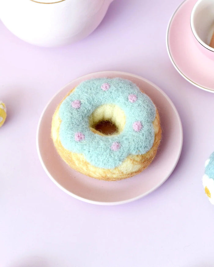 Felt Donut with Pastel Blue Frosting and Pink Dots