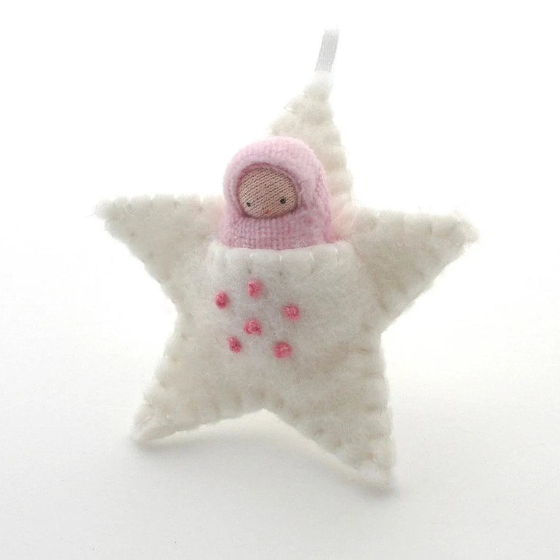 Fairyshadow White Embroidered Star Ornament, Pink Baby