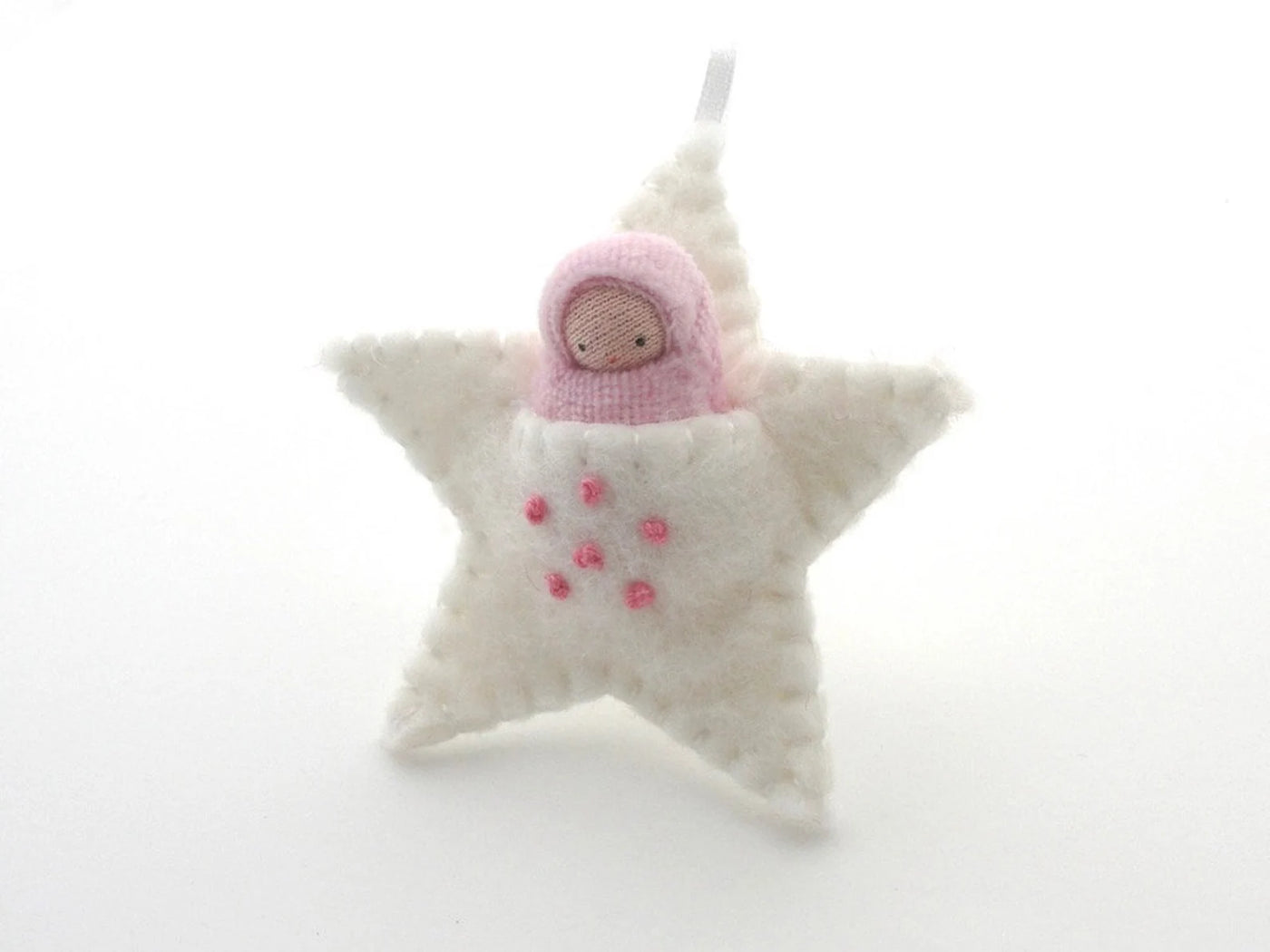 Fairyshadow White Embroidered Star Ornament, Pink Baby