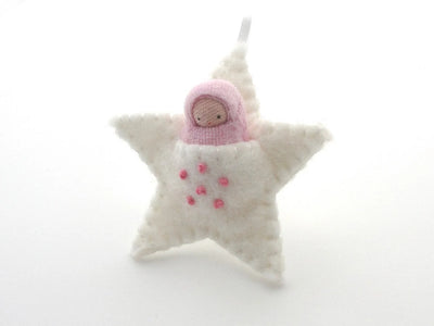 Fairyshadow White Embroidered Star Ornament, Pink Baby