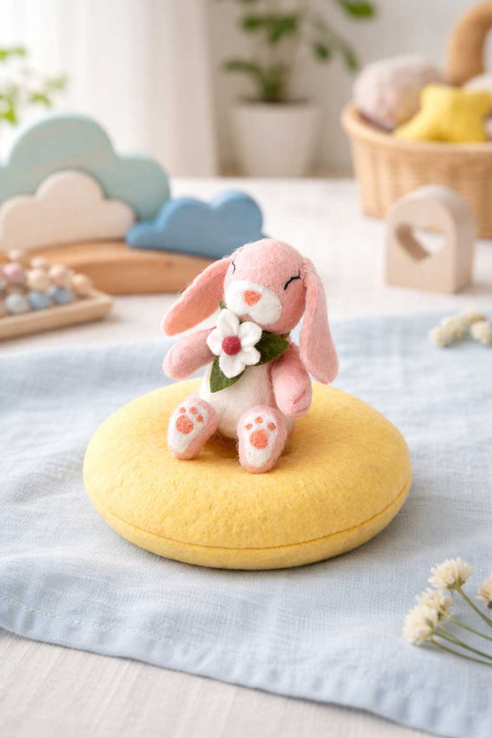 Sale Felt Bunny Rabbit with Flower on Cushion