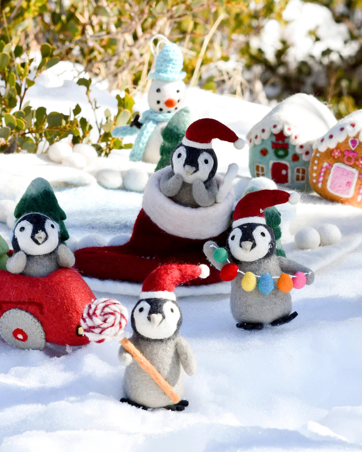 Felt Penguin in Toy Car and Christmas Tree