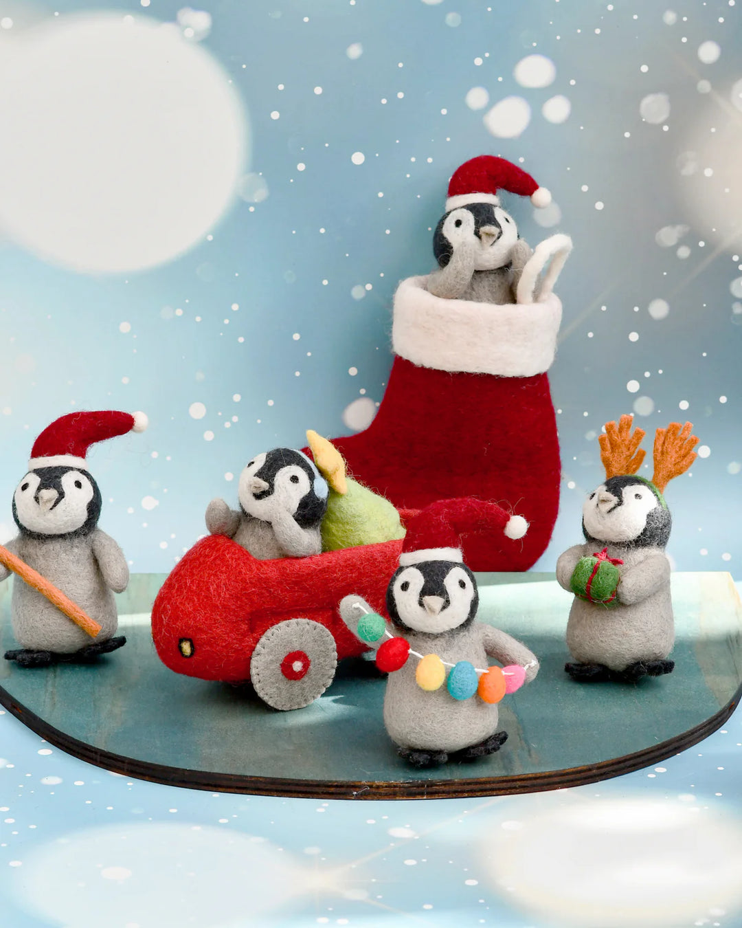 Felt Penguin in Toy Car and Christmas Tree