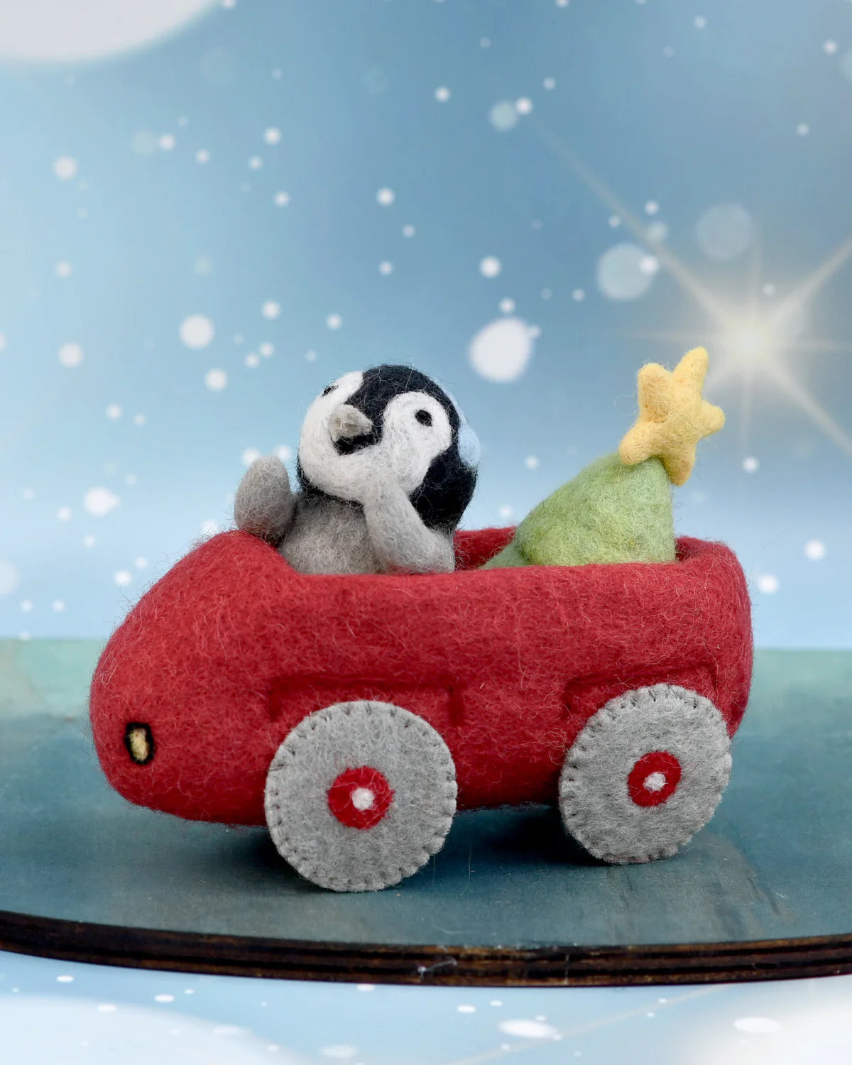 Felt Penguin in Toy Car and Christmas Tree