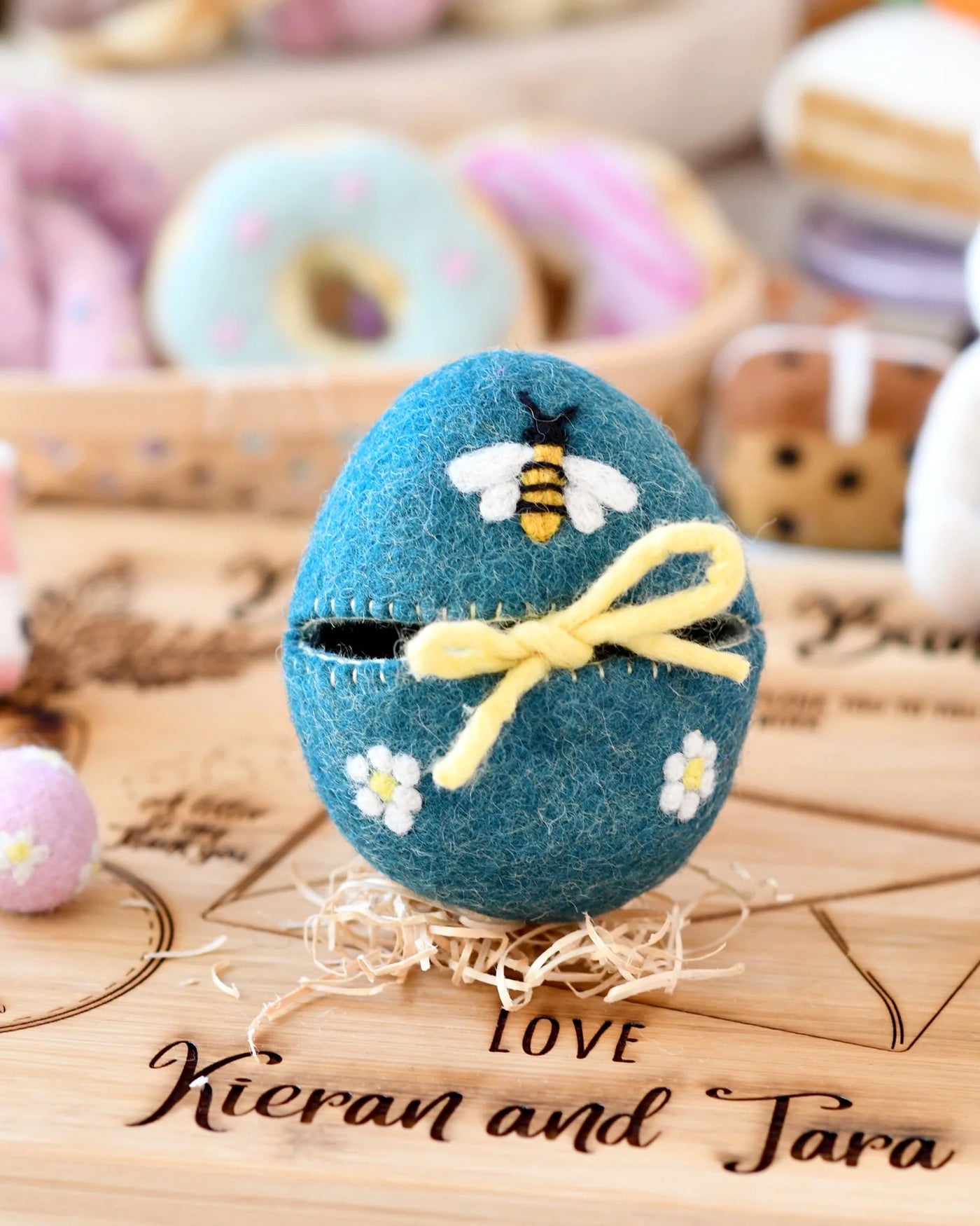 Pre-Order Felt Egg Cover, Blue with Bee Motif (Ships in mid-February)