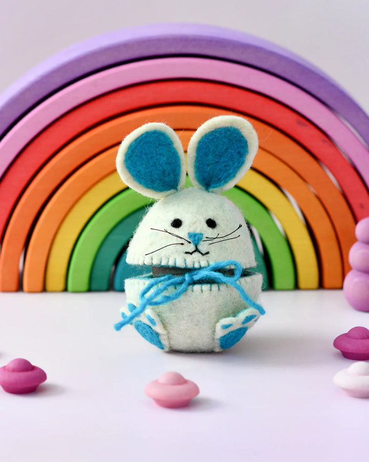 Sale Felt Egg Cover, Hopping Bunny with Blue Ears