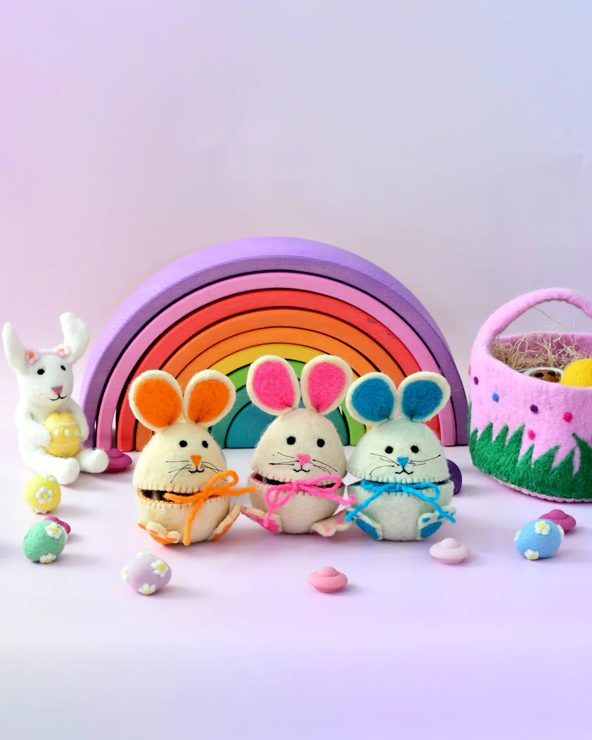 Pre-Order Felt Egg Cover, Hopping Bunny with Blue Ears (Ships in late February)