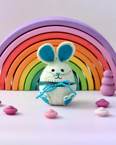 Pre-Order Felt Egg Cover, Hopping Bunny with Blue Ears (Ships in late February)