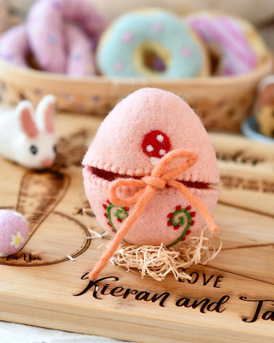 Pre-Order Felt Egg Cover, Peach with Mushroom Motif (Ships in mid-February)