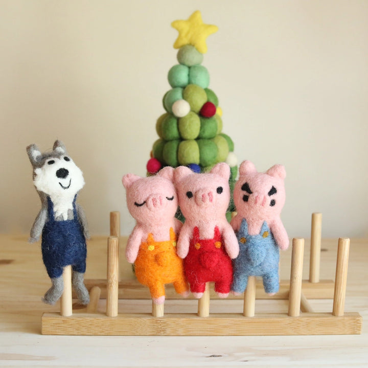 Felt Three Little Pigs &amp; Big Wolf Finger Puppet Set