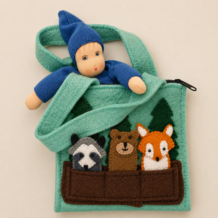 Felt woodland friends finger puppet bag set for storytelling and small-world play