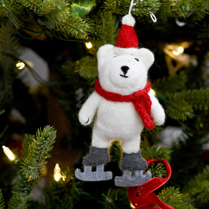 Felt Polar Bear with Ice Skates Ornament