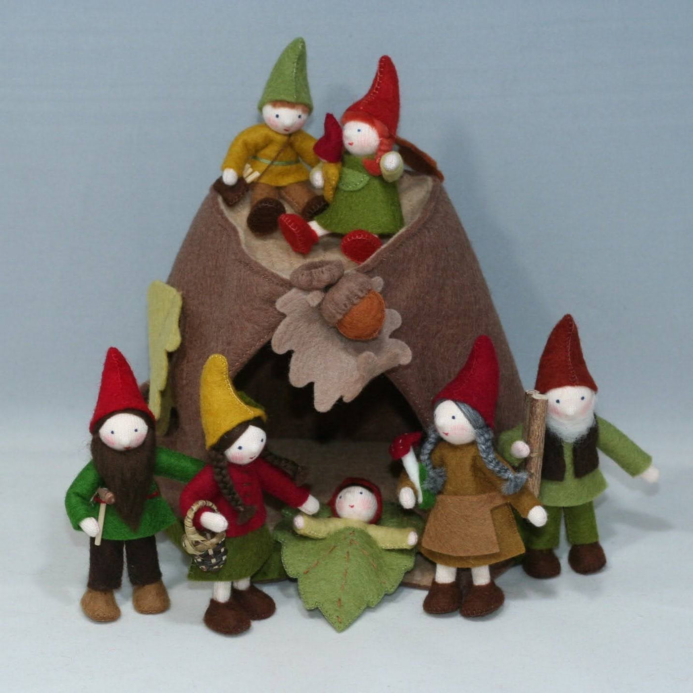 Sale Forest Gnome Family (3.5") with Oak Tree Stump House | Fair Skin Tone | Set of 7 Dolls