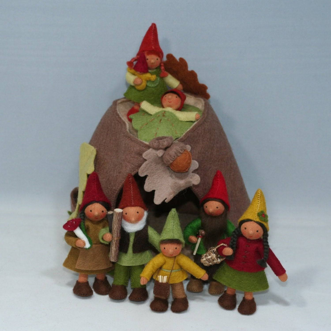 Sale Forest Gnome Family (3.5") with Oak Tree Stump House | Medium Skin Tone | Set of 7 Dolls