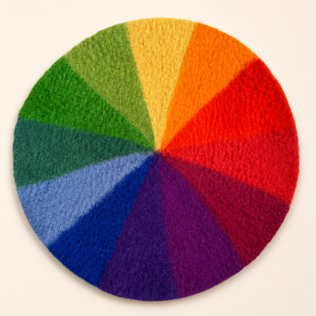 Papoose Goethe Colour Wheel Felt Play Mat — clean overhead view of the reversible hand-felted wool mat with twelve Goethe-colour segments