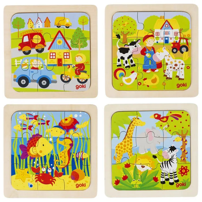 Goki Wooden Puzzle, 9 Pieces: Farm, Jungle, Sea, or City